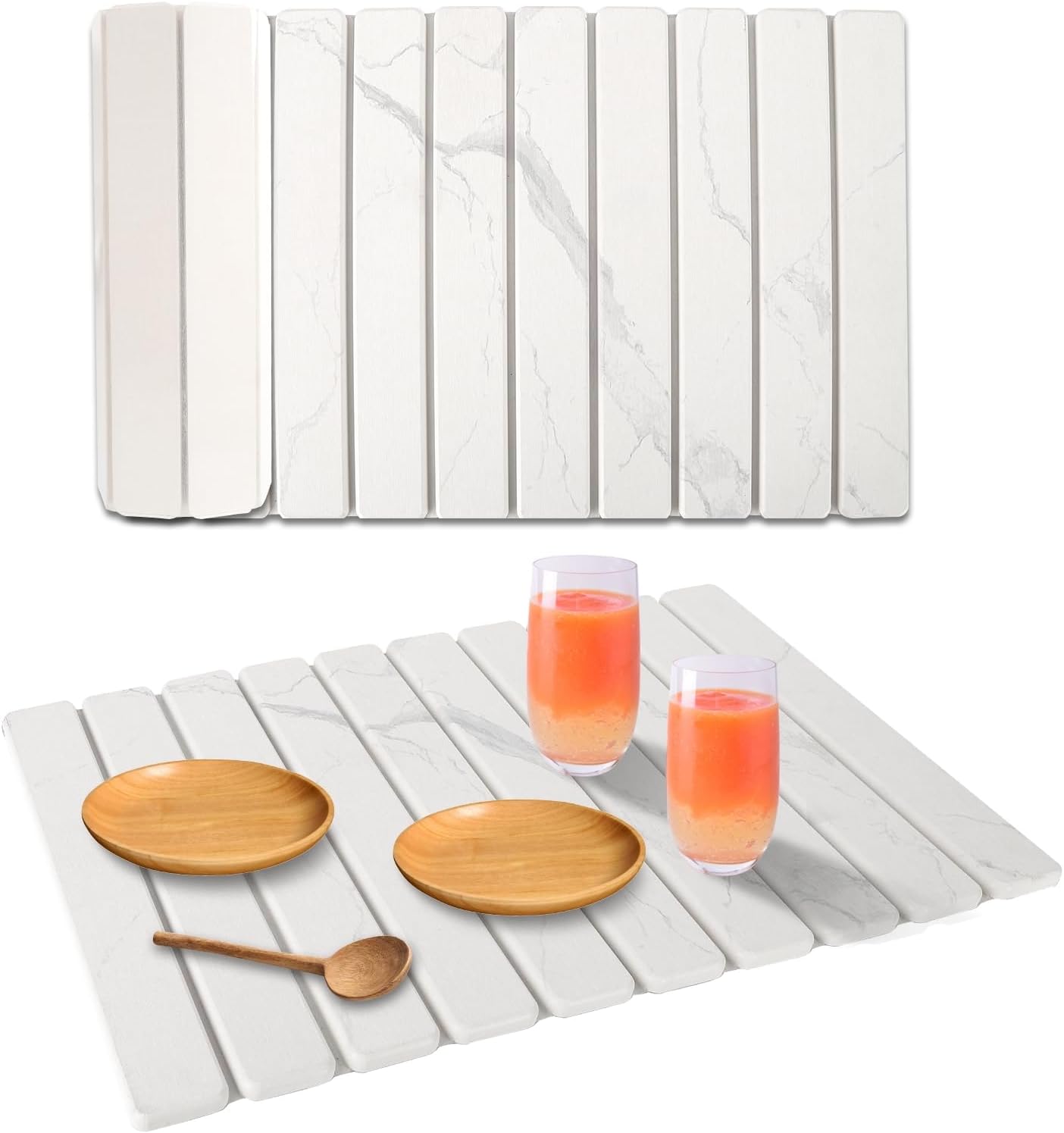 Stone Dish Drying Mat for Kitchen Counter – 24×15 Inch White Marble Design, Absorbent Diatomaceous Earth Quick-Dry Mat for Dishes, Cups, and Bottles