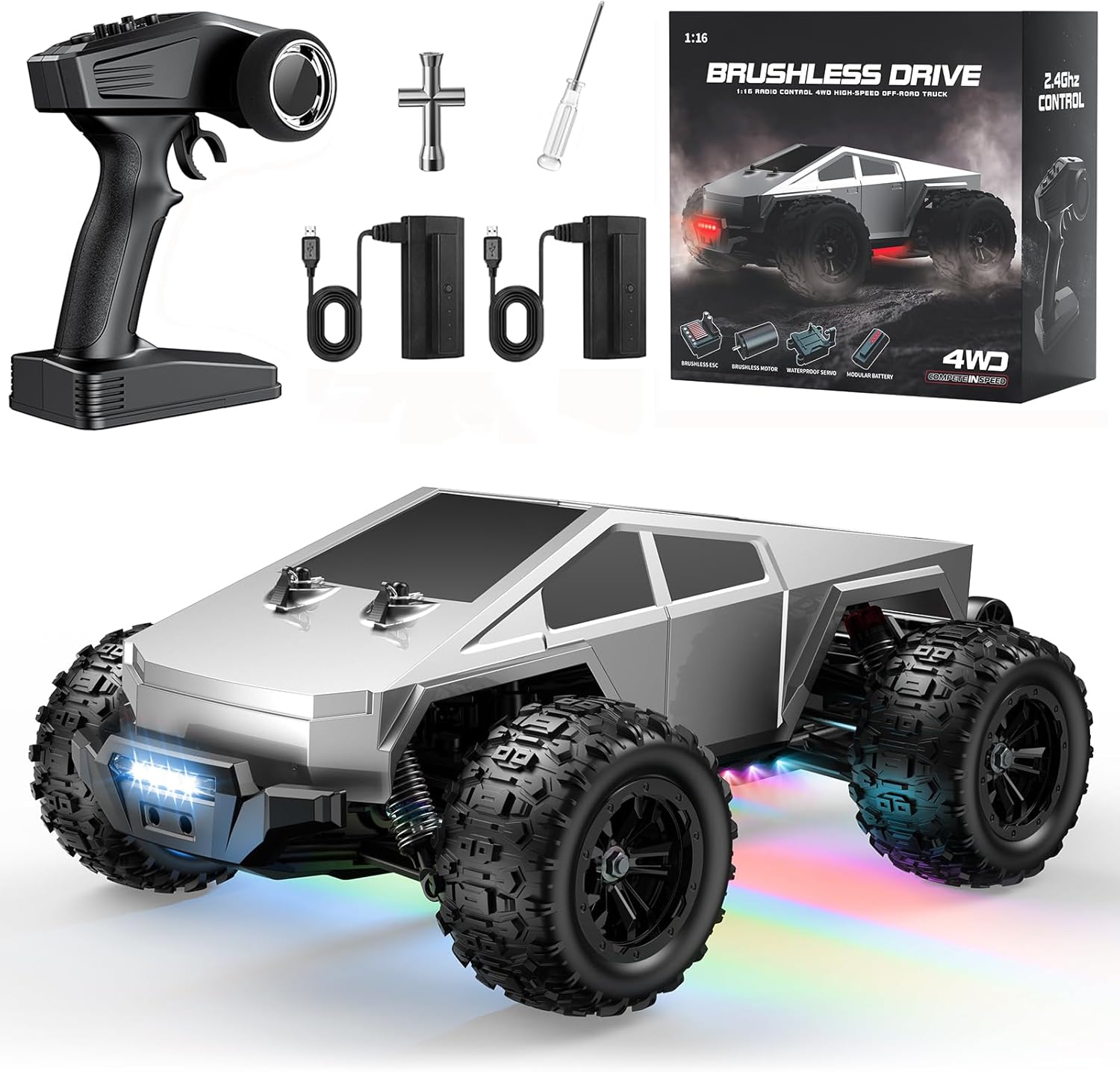 1/16 Brushless RC Car 35MPH High Speed 4x4 Off-Road Monster Truck Toy with 2.4GHz Remote and Colorful LED Lights