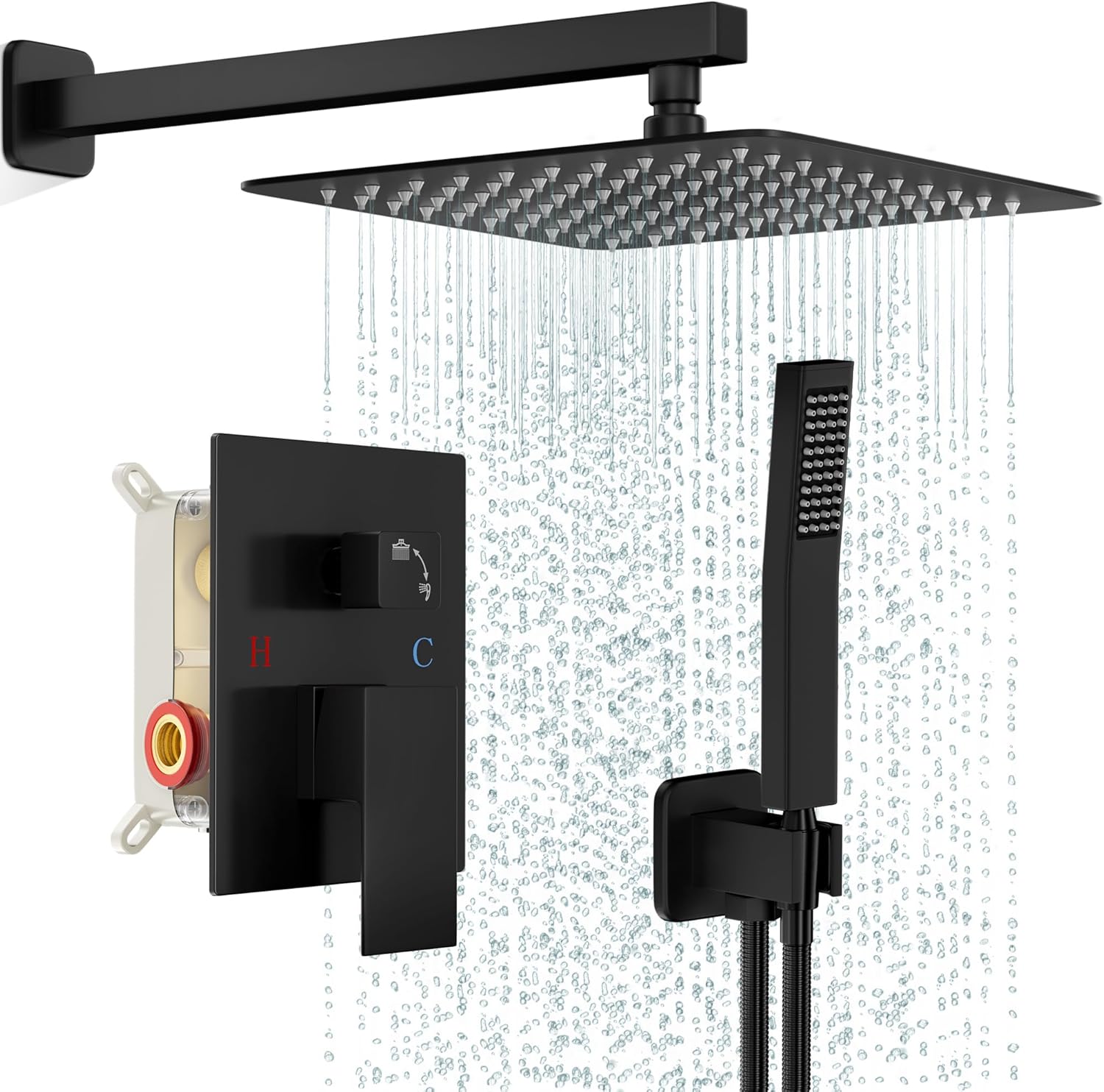 Black Shower Faucet Set With 10-Inch Square Rainfall Shower Head And Wall-Mounted Handles (With Valve)